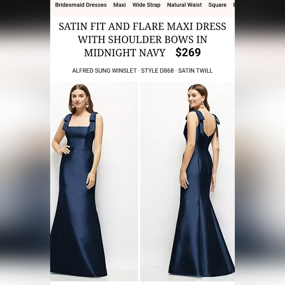 NWT Alfred Sung Satin Fit Flare Maxi Dress Gown Shoulder Bows Midnight Navy 16 - Picture 11 of 11